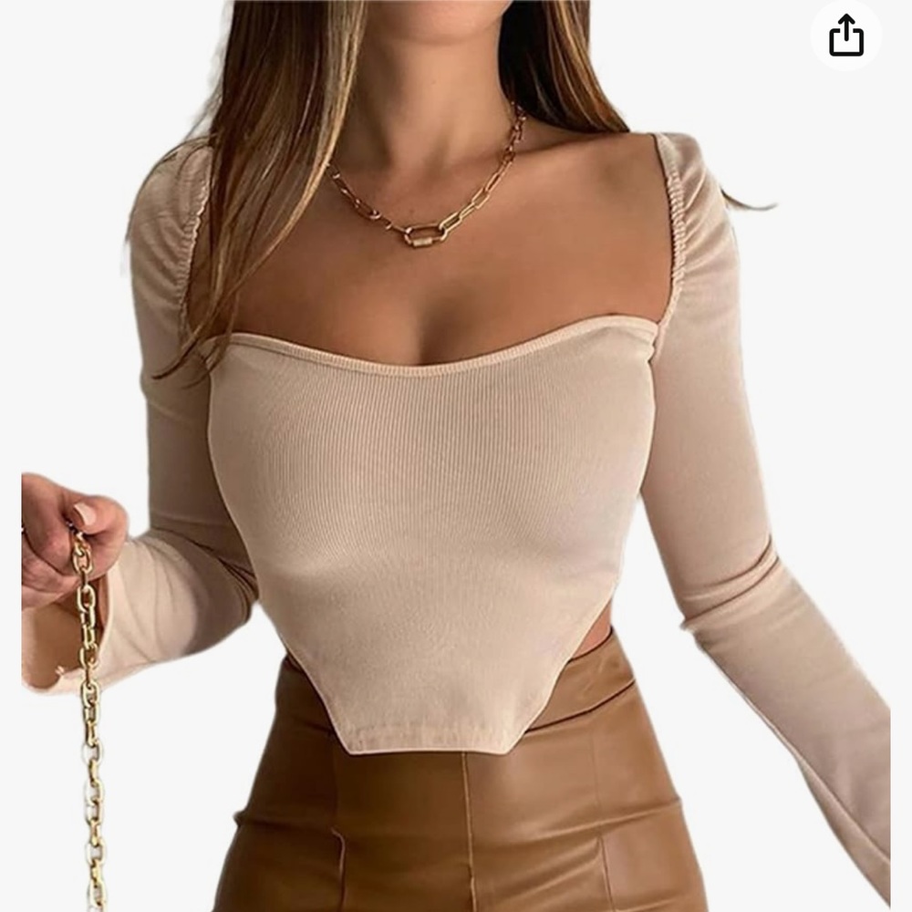 Long Sleeve Ribbed Knit Crop Top Scoop Asymetrical Top in Apricot